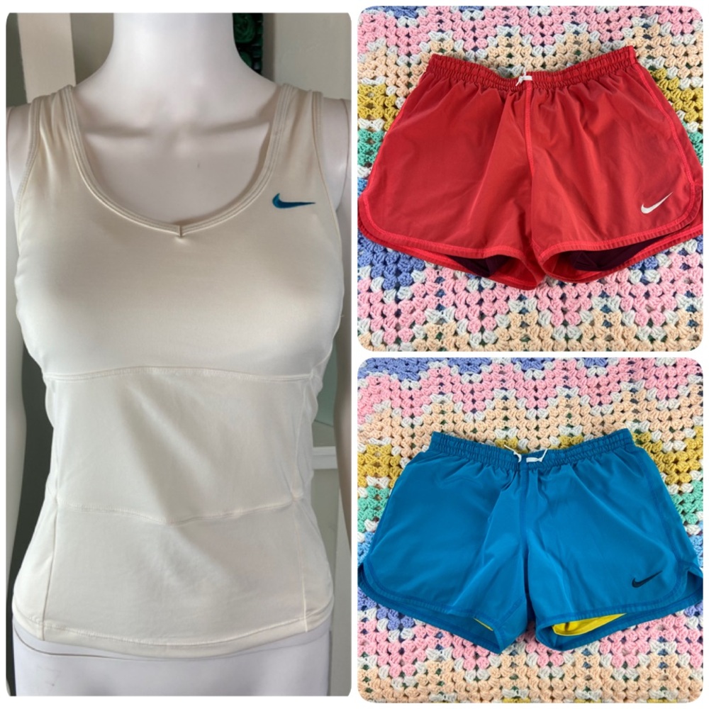 Nike Running Bundle Lot Tank Bra Top & 2 Shorts Small S Blue Salmon Pink